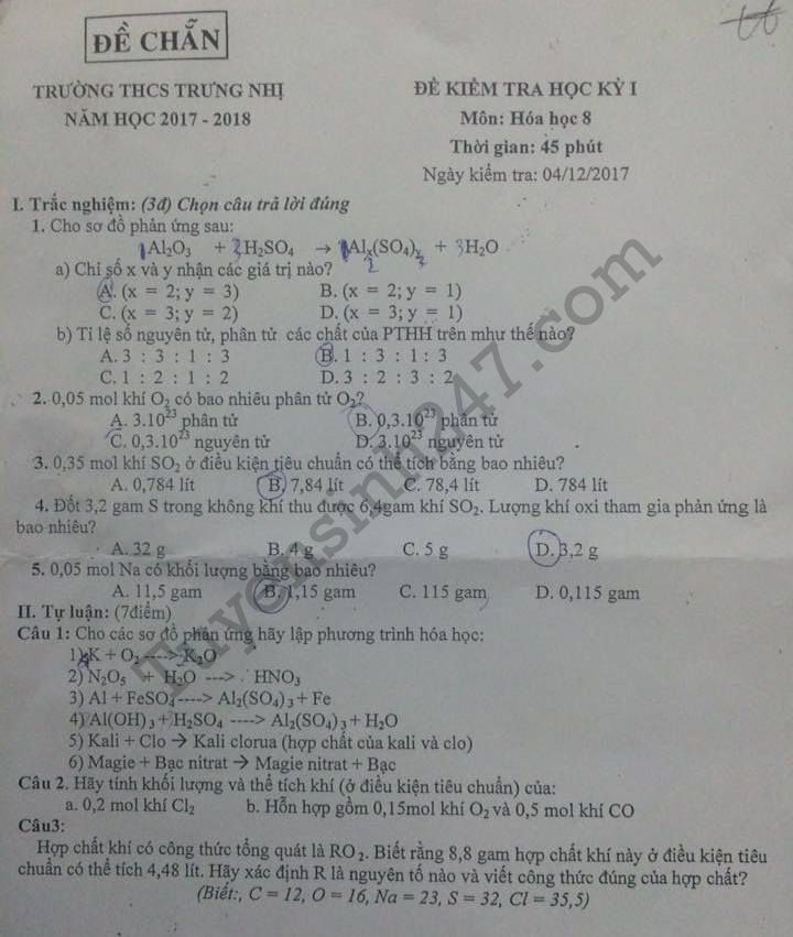 De kiem tra hoc ki 1 lop 8 mon Hoa 2017 - 2018 THCS Trung Nhi