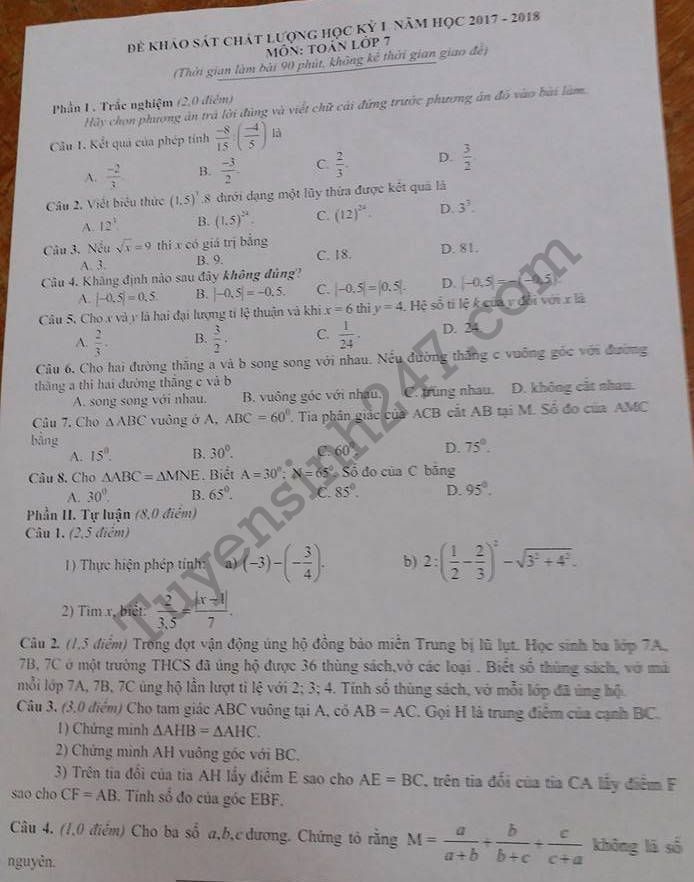 De thi hoc ki 1 lop 7 mon Toan 2017 - So GD Nam Dinh