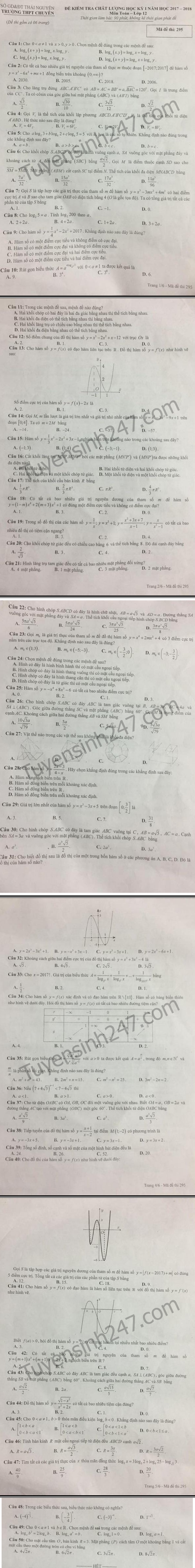 De thi ki 1 lop 12 mon Toan 2017-2018 THPT Chuyen Thai Nguyen
