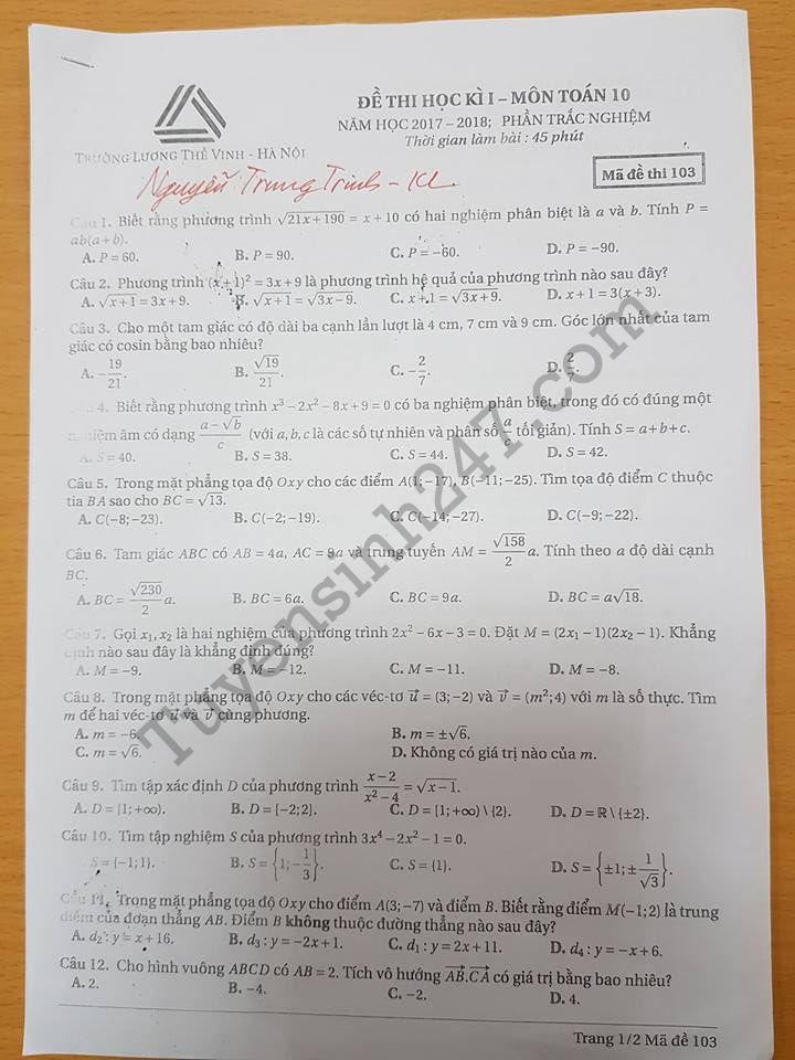 De thi hoc ki 1 lop 10 mon Toan THPT Luong The Vinh nam 2017 - 2018