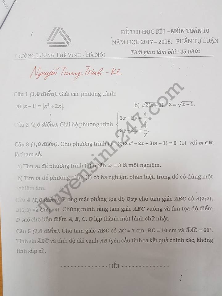 De thi hoc ki 1 lop 10 mon Toan THPT Luong The Vinh nam 2017 - 2018
