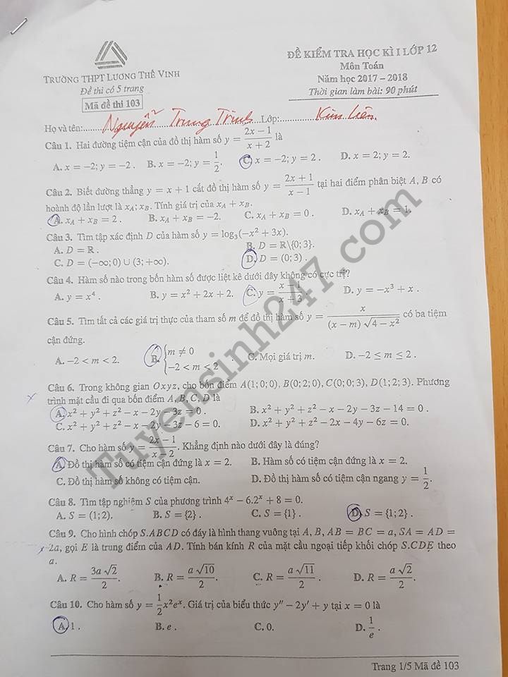 De thi hoc ki 1 lop 12 mon Toan 2017 - 2018 THPT Luong The Vinh
