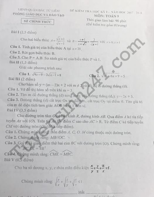 De thi hoc ki 1 lop 9 mon Toan - Phong GD Bac Tu Liem 2018