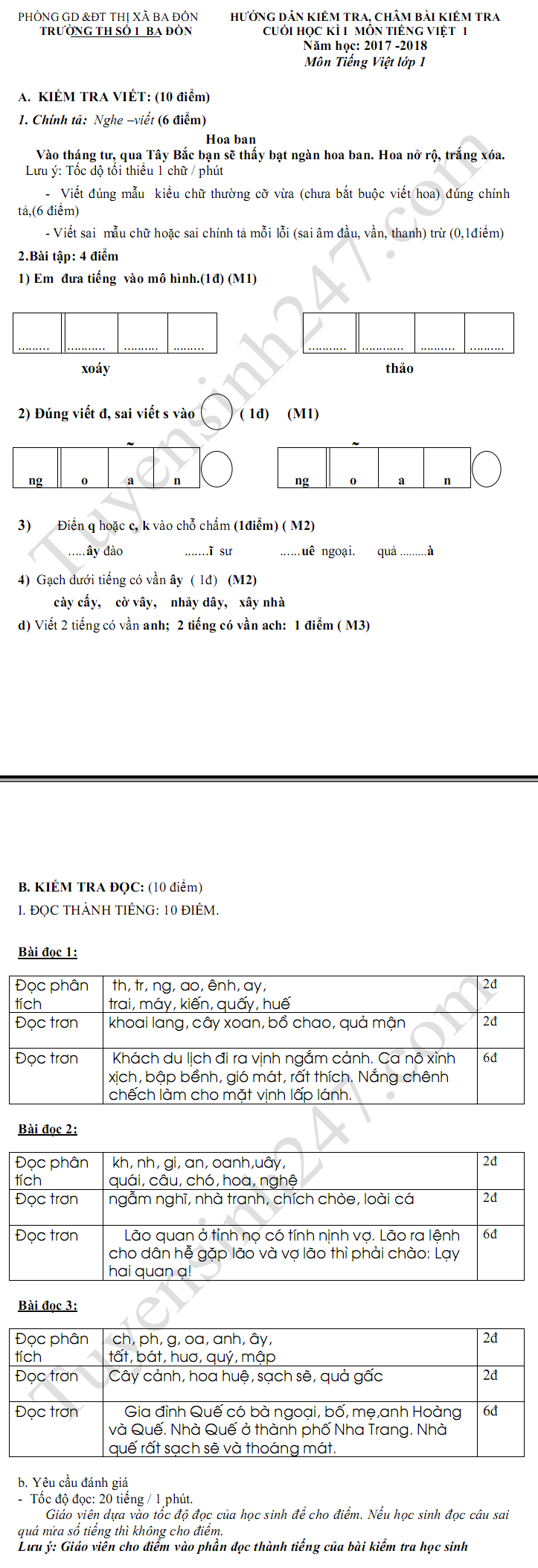 De thi hoc ki 1 lop 1 mon Tieng Viet 2017-2018 TH So 1 Ba Don