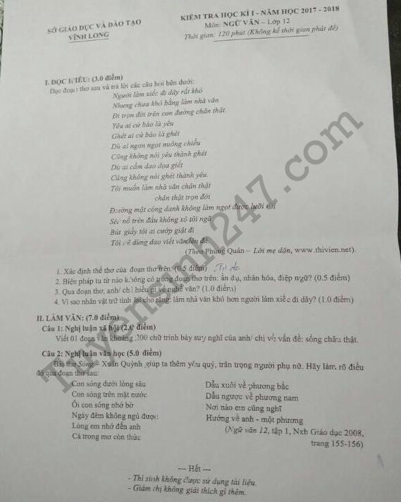 De thi hoc ki 1 lop 12 mon Van 2017 - 2018 So GD Vinh Long