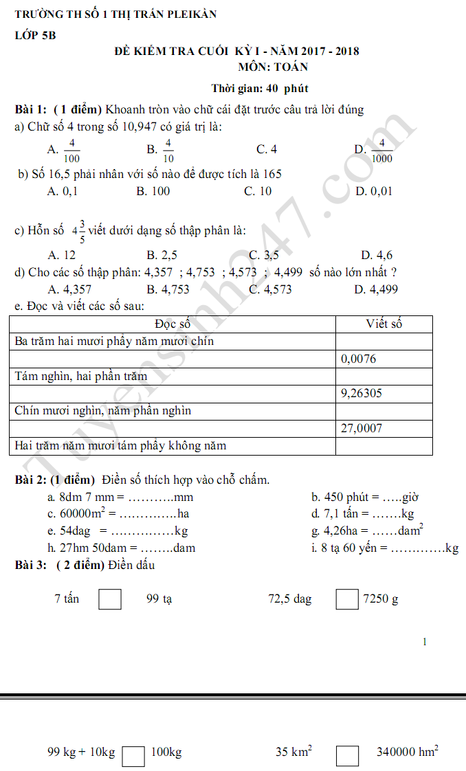 De thi ki 1 lop 5 mon Toan 2017 - 2018 TH so 1 thi tran Plei Kan