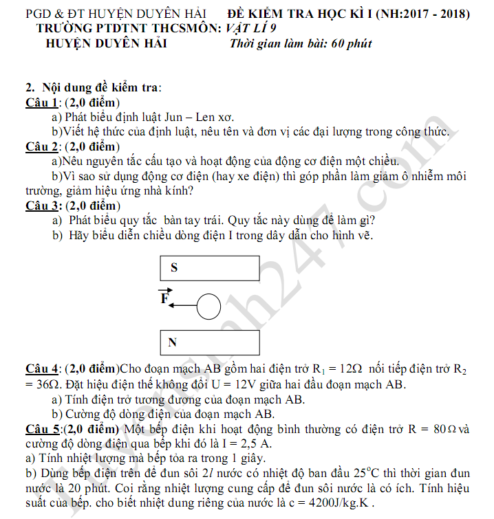 De thi hoc ki 1 lop 9 mon Ly THCS huyen Duyen Hai 2017 - 2018