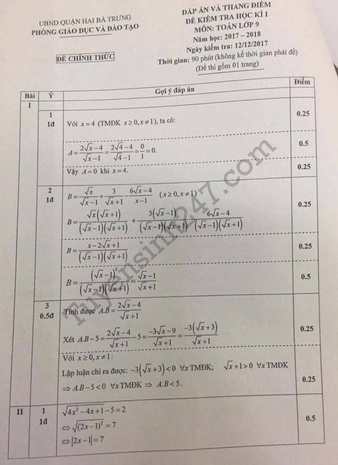 Dap an de thi hoc ki 1 lop 9 mon Toan 2017 - 2018 Quan Hai Ba Trung