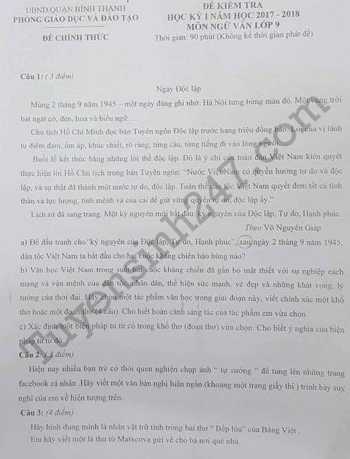 De thi hoc ki 1 lop 9 mon Van - Quan Binh Thanh nam 2017-2018