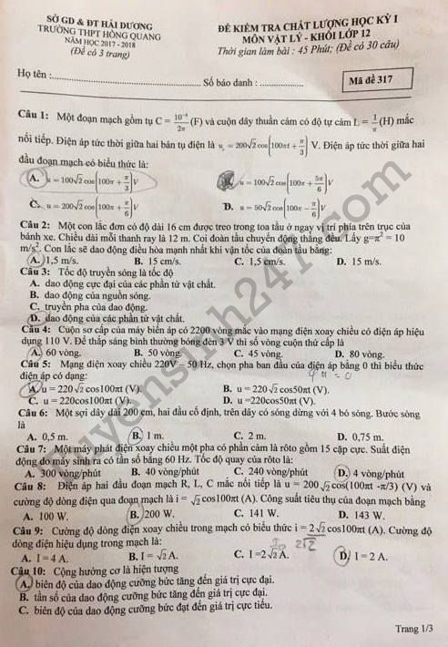 De thi hoc ki 1 lop 12 mon Ly 2017 - 2018 THPT Hong Quang