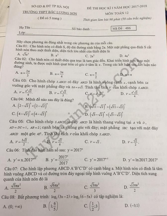 De thi ki 1 lop 12 mon Toan THPT Bac Luong Son 2017 - 2018