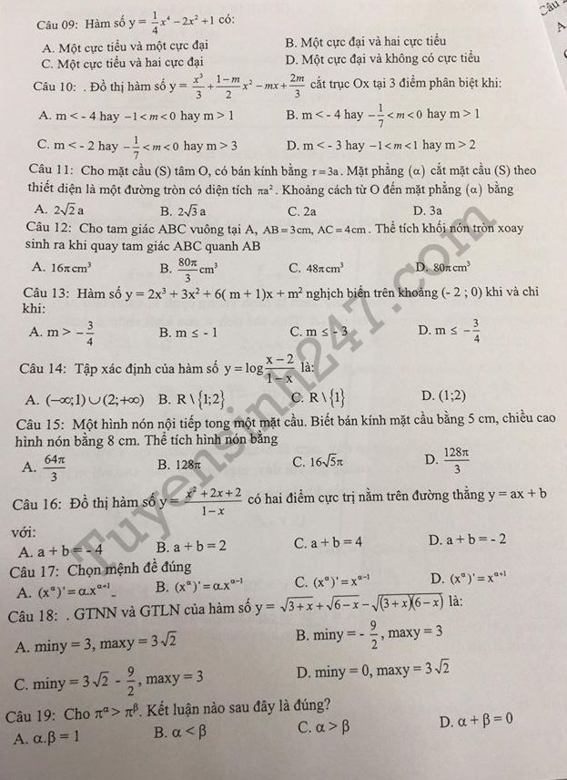 De thi ki 1 lop 12 mon Toan THPT Bac Luong Son 2017 - 2018