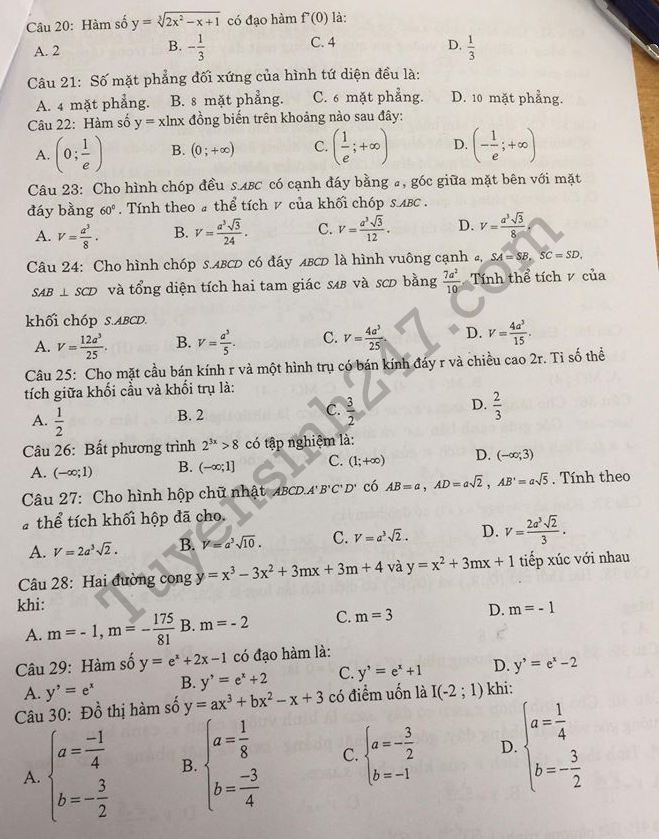 De thi ki 1 lop 12 mon Toan THPT Bac Luong Son 2017 - 2018