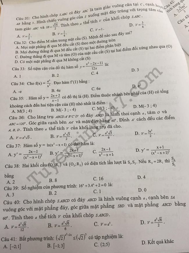 De thi ki 1 lop 12 mon Toan THPT Bac Luong Son 2017 - 2018
