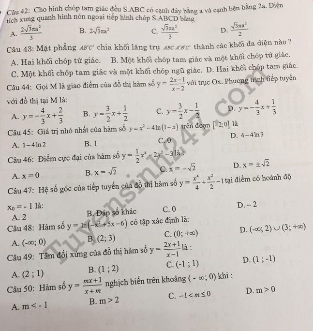 De thi ki 1 lop 12 mon Toan THPT Bac Luong Son 2017 - 2018