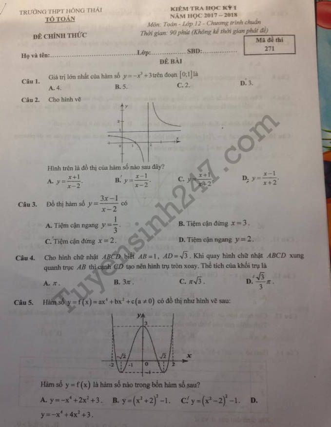 De thi ki 1 mon Toan lop 12 THPT Hong Thai 2017 - 2018