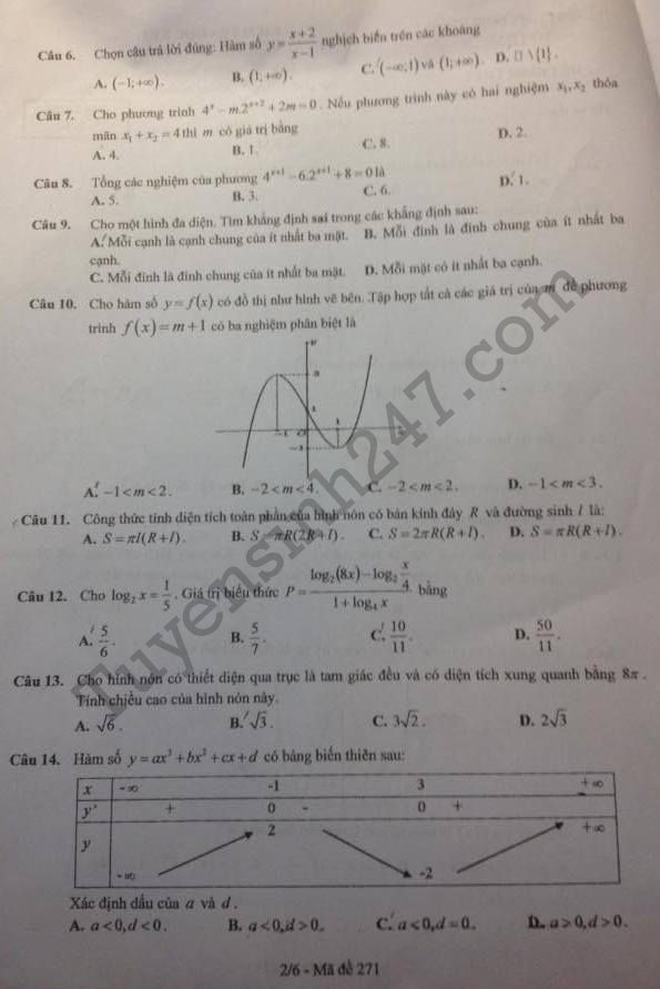 De thi ki 1 mon Toan lop 12 THPT Hong Thai 2017 - 2018