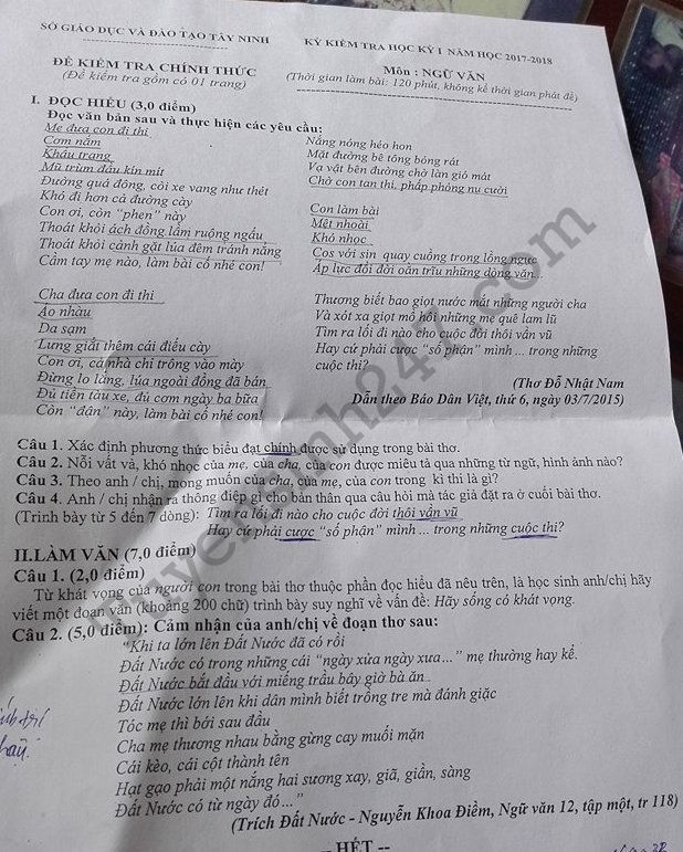 De thi hoc ki 1 lop 12 mon Van - So GD Tay Ninh 2017 - 2018