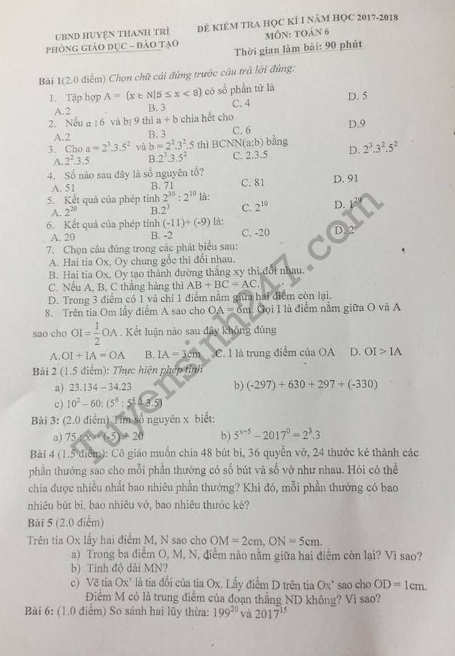 De thi hoc ki 1 lop 6 mon Toan 2017 - 2018 Phong GD Thanh Tri