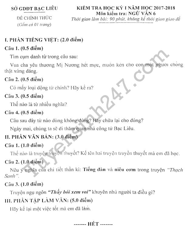 De thi hoc ki 1 lop 6 mon Van nam 2017 - 2018 So GD Bac Lieu