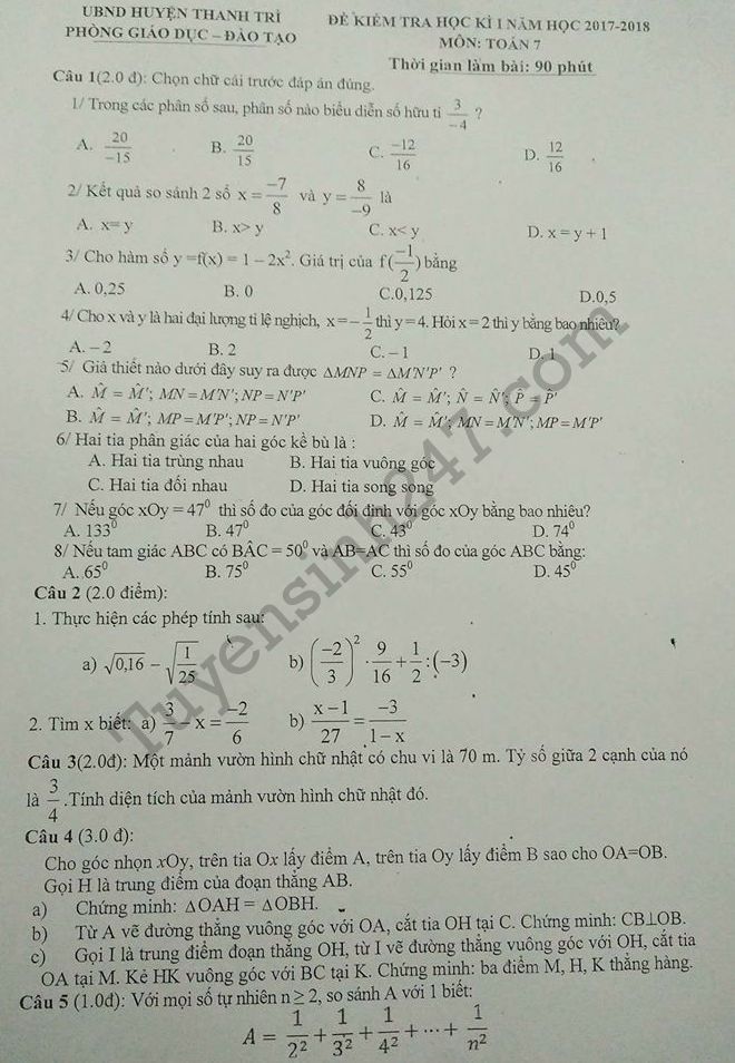 De thi ki 1 lop 7 mon Toan nam 2017-2018 Phong GD Thanh Tri