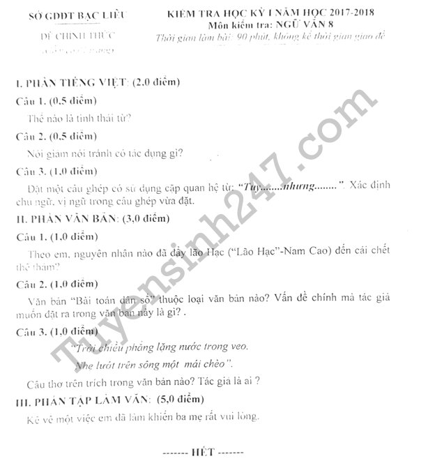 De thi hoc ki 1 lop 8 mon Van - So GD Bac Lieu nam 2017-2018