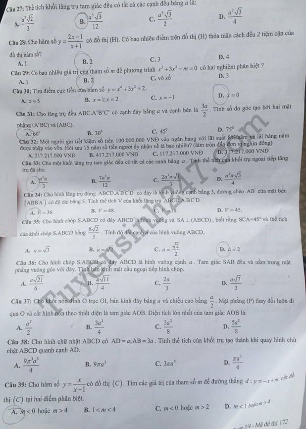 De thi ki 1 lop 12 mon Toan THPT Thang Long 2017 - 2018