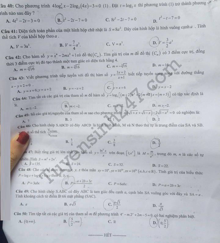 De thi ki 1 lop 12 mon Toan THPT Thang Long 2017 - 2018