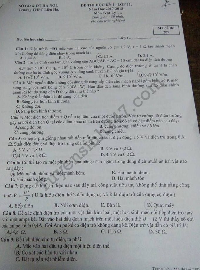 De thi ki 1 lop 11 mon Ly 2017 - 2018 THPT Lien Ha