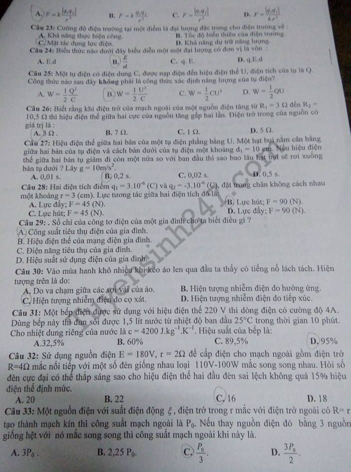 De thi ki 1 lop 11 mon Ly 2017 - 2018 THPT Lien Ha