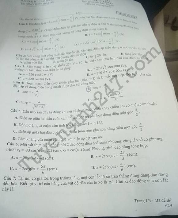 De thi ki 1 lop 12 mon Ly nam 2017 - THPT Hoa An