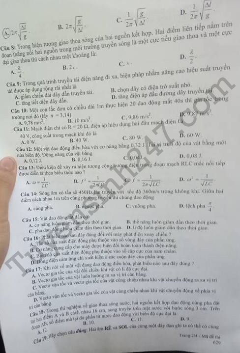 De thi ki 1 lop 12 mon Ly nam 2017 - THPT Hoa An
