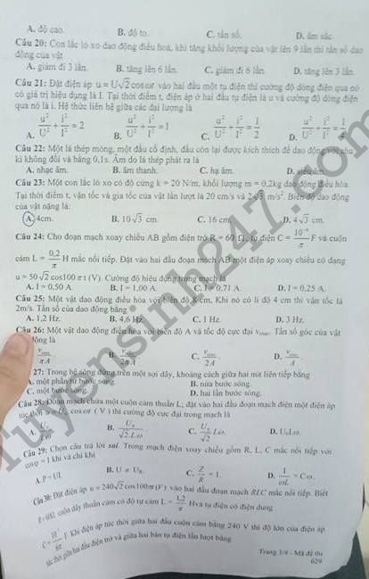 De thi ki 1 lop 12 mon Ly nam 2017 - THPT Hoa An