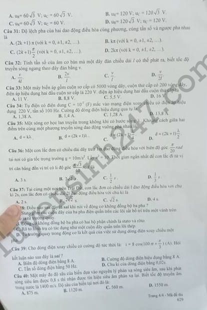 De thi ki 1 lop 12 mon Ly nam 2017 - THPT Hoa An