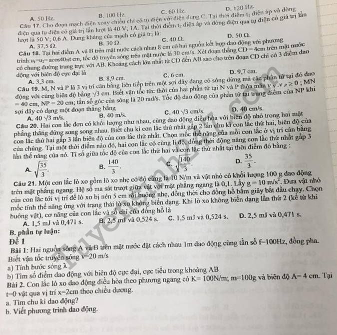 De thi ki 1 lop 12 mon Ly nam 2017 - 2018 THPT Tran Phu