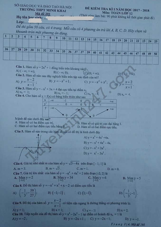 De thi ki 1 lop 12 mon Toan THPT Minh Khai 2017 - 2018