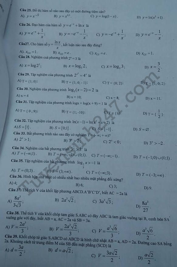 De thi ki 1 lop 12 mon Toan THPT Minh Khai 2017 - 2018