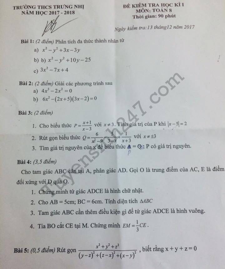 De thi ki 1 lop 8 mon Toan THCS Trung Nhi nam 2017 - 2018