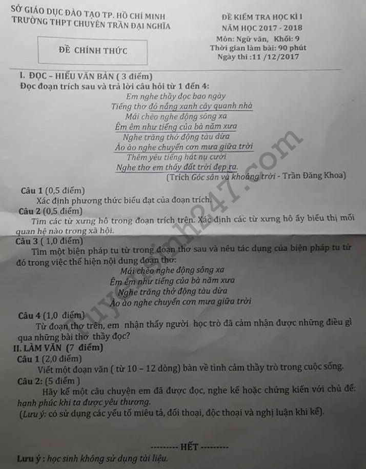 De thi ki 1 lop 9 mon Van 2017 - 2018 THPT Chuyen Dai Nghia