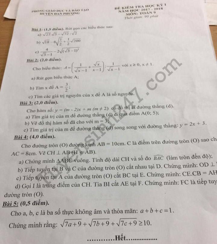 De thi ki 1 lop 9 mon Toan 2017-2018 Phong GD Dan Phuong