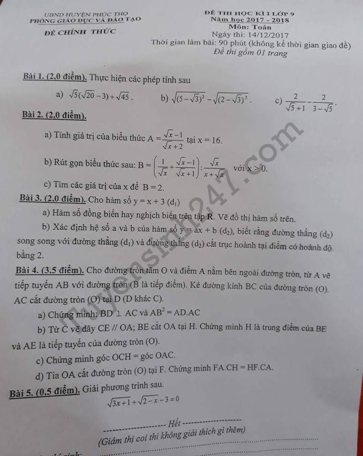 De thi hoc ki 1 lop 9 mon Toan 2017 - 2018 Huyen Phuc Tho