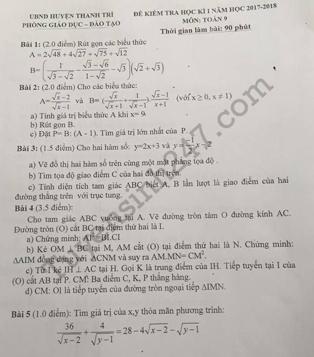 De thi hoc ki 1 lop 9 mon Toan phong GD Thanh Tri 2017-2018