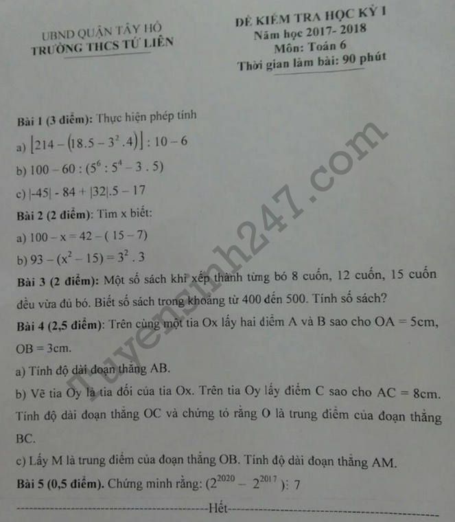 De thi ki 1 lop 6 mon Toan 2017 - 2018 THCS Tu Lien