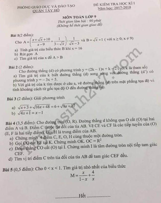 De thi ki 1 lop 9 mon Toan quan Tay Ho nam 2017-2018