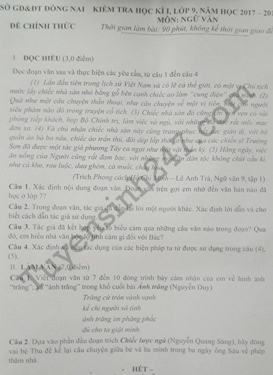 De kiem tra ki 1 lop 9 mon Van 2017 - 2018 So GD Dong Nai