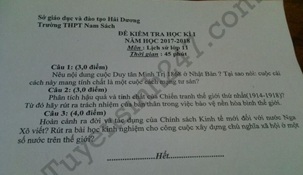 De thi hoc ki 1 lop 11 mon Su 2017 - 2018 THPT Nam Sach
