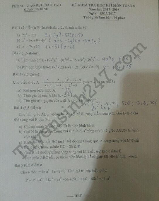 De thi ki 1 lop 8 mon Toan Quan Ba Dinh 2017 - 2018