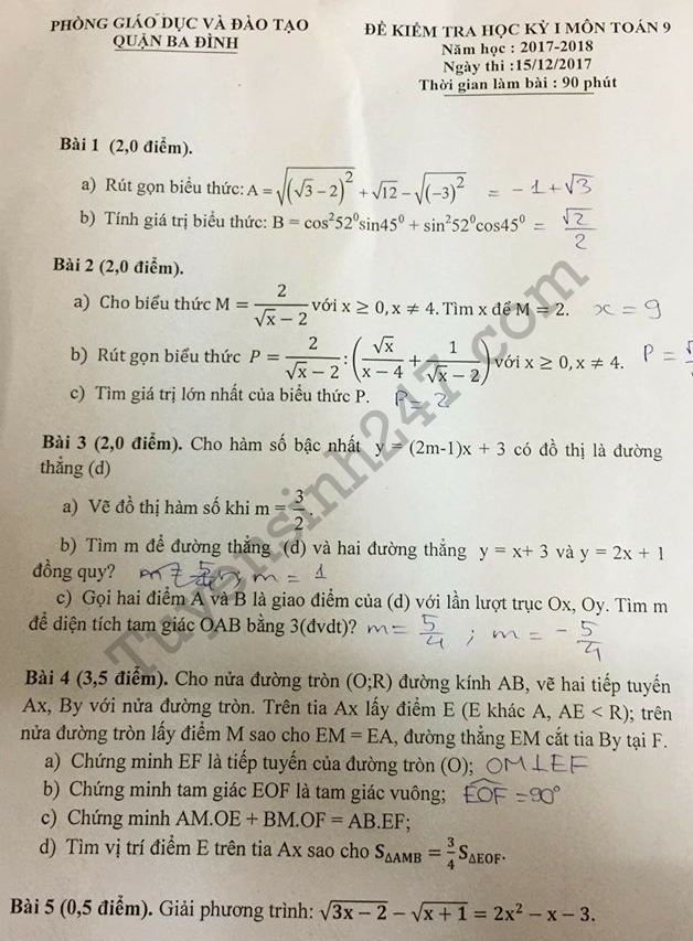 De thi ki 1 lop 9 mon Toan quan Ba Dinh nam 2017 - 2018
