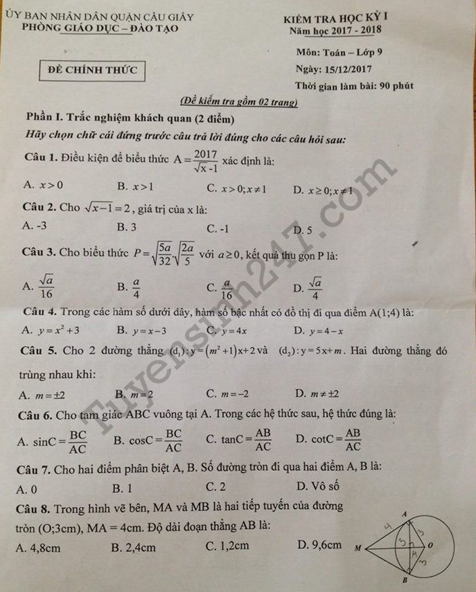 De thi hoc ki 1 lop 9 mon Toan 2017 - 2018 Quan Cau Giay