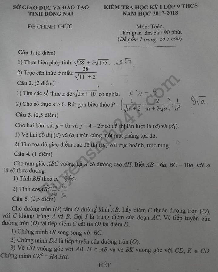 De thi hoc ki 1 lop 9 mon Toan So GD Dong Nai 2017 - 2018